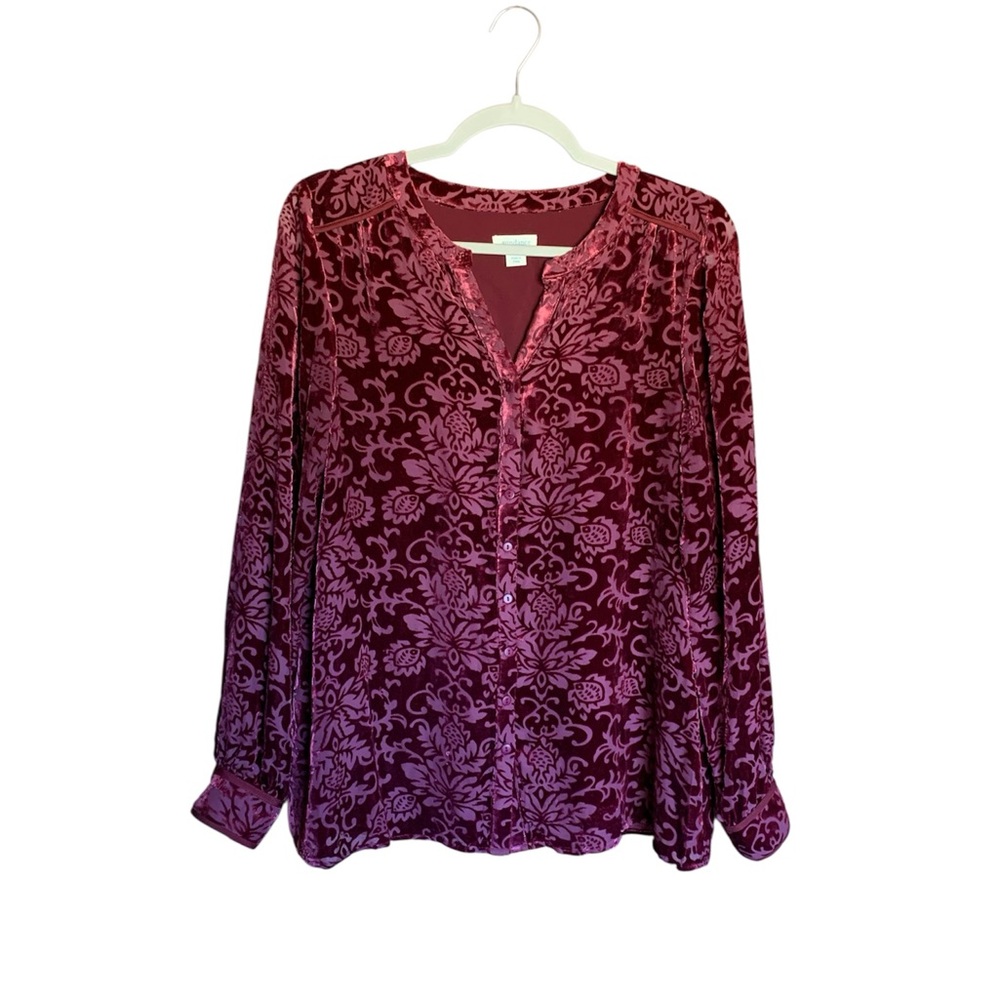 Sundance velour button up long sleeves burgundy floral rayon silk size small